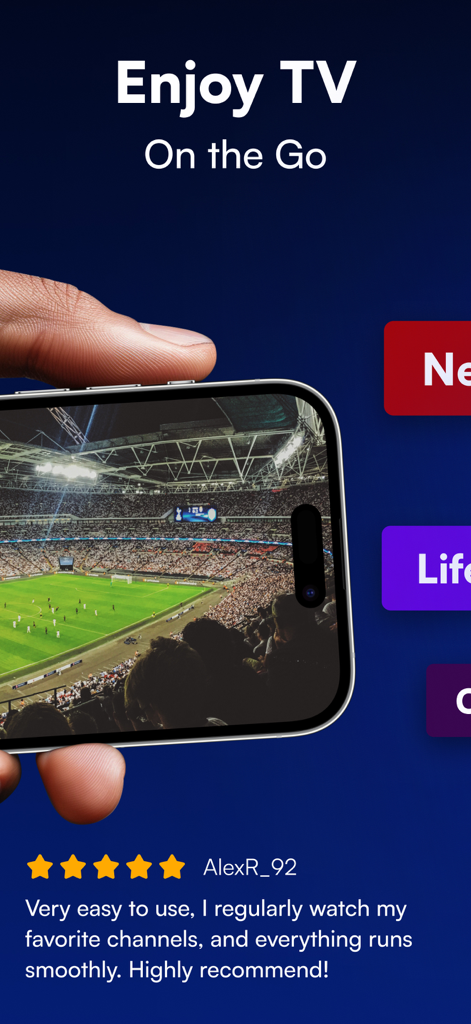 IPTV Stream Smart IP TV Player - iPhone screen showing a live soccer match on the IPTV Stream app with a positive user review