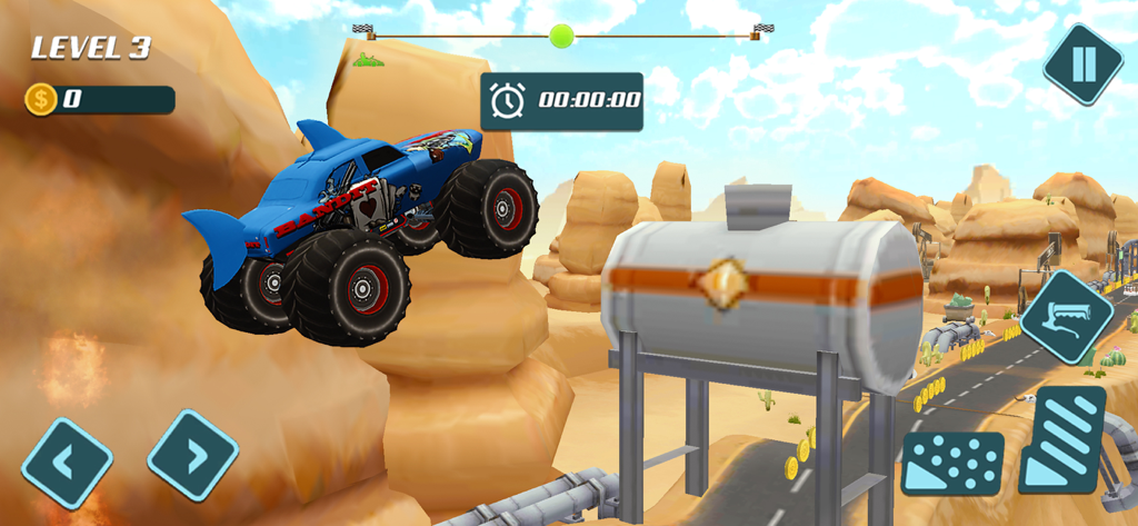 Xtreme Monster Truck Car Race - A blue bandit monster truck performing a high jump stunt in a desert canyon level.