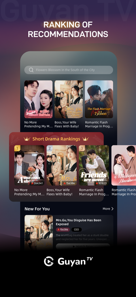 GuyanTV - Movies & Dramas - GuyanTV app screen displaying short drama rankings and personalized movie recommendations