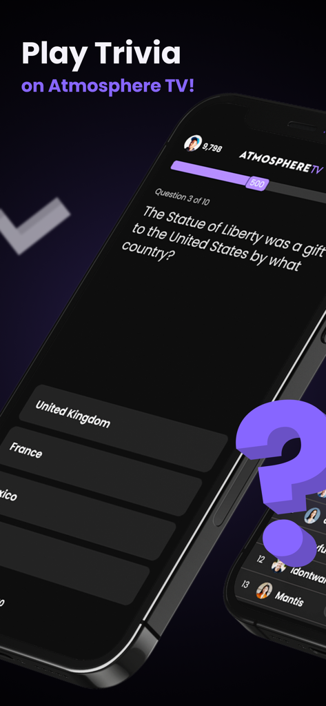 Atmosphere Trivia mobile app interface showing a multiple-choice question about the Statue of Liberty.