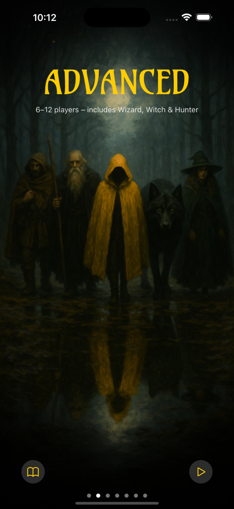 WOLF - Party Game - Advanced game mode screen for WOLF party game featuring illustrations of a wizard witch hunter and wolf for six to twelve players