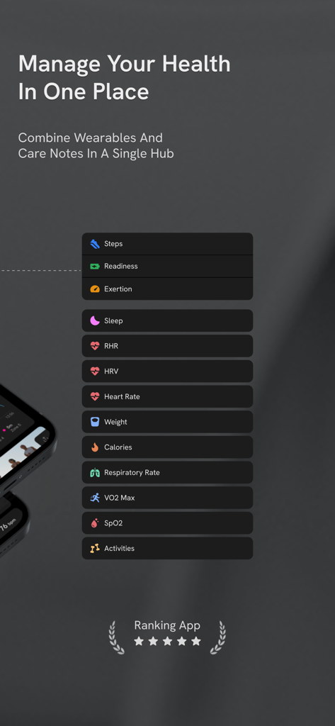 fitMetrics: Health Tracker - fitMetrics app dashboard showing integrated health data from wearables including sleep heart rate and activity metrics