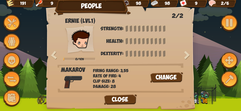 Zombie Forest HD: Survival - Character management screen in Zombie Forest HD Survival showing survivor attributes and weapon stats