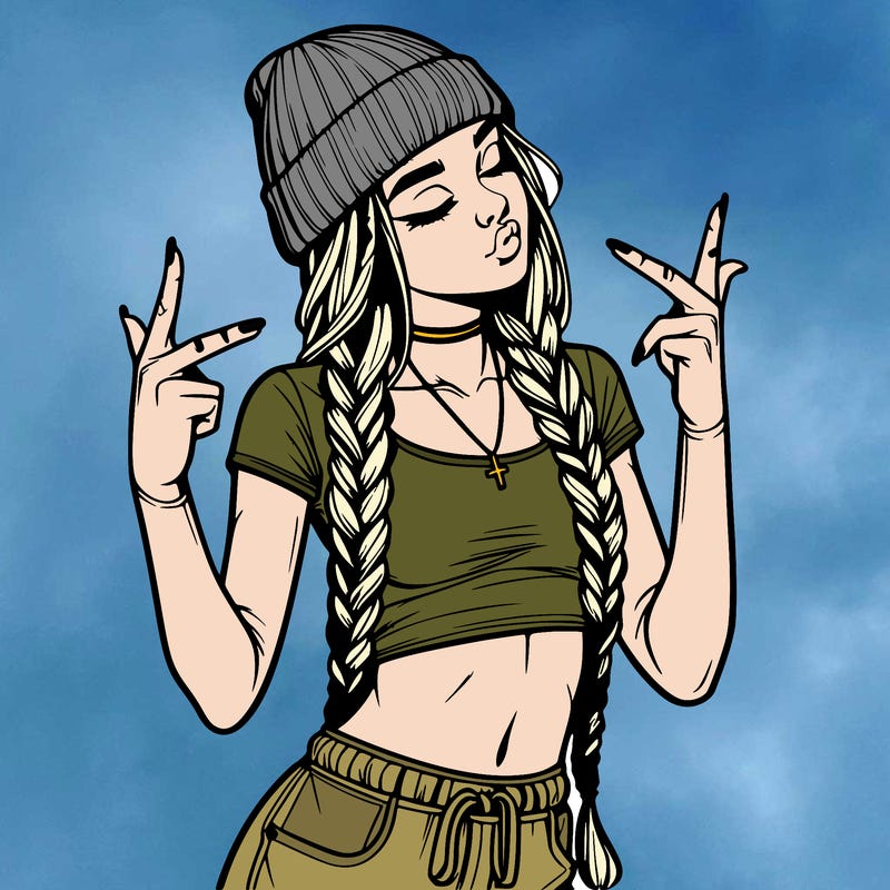 realistic teenage girl with braids and a beanie and crop top doing 🫶🏼