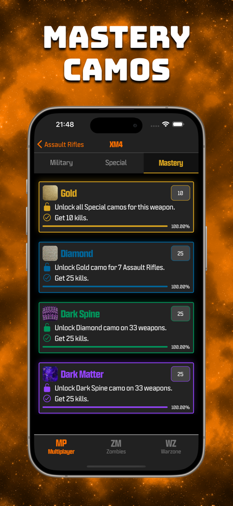 BO6 Camo Tracker - BO6 Camo Tracker app interface showing mastery camo progress for the XM4 weapon including Gold and Dark Matter.