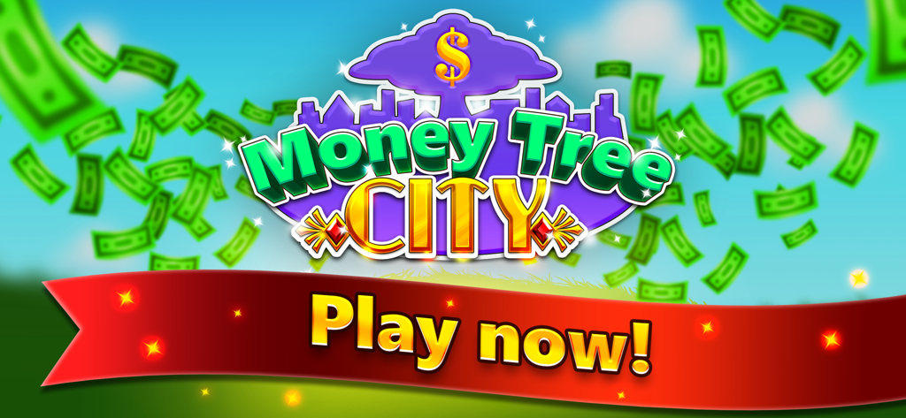 Banner promocional de Money Tree City com dinheiro caindo e um botão de jogar agora