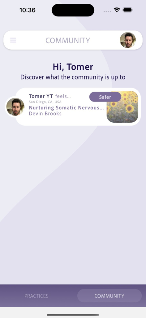 SomaShare - Deep Healing - Community feed in the SomaShare app displaying user progress and healing practices