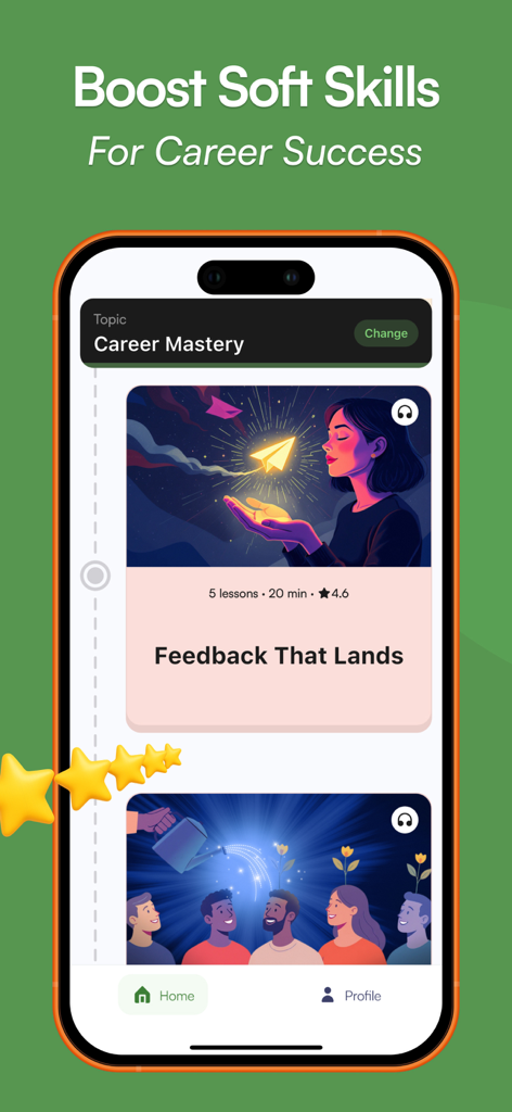 SmartyMeアプリの画面。キャリアの成功を高めるためのソフトスキルを向上させるキャリアマスターレッスンの概要。