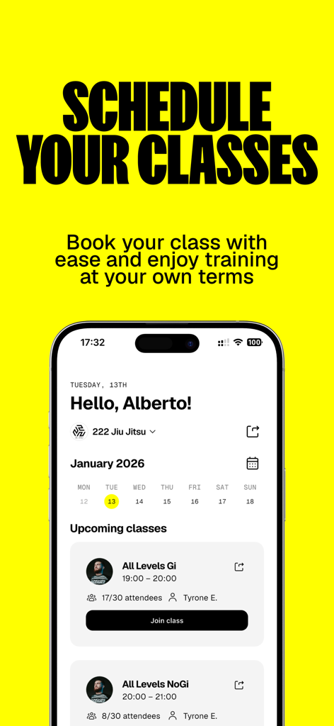 MAAT mobile app interface for scheduling and booking jiu-jitsu and gym classes