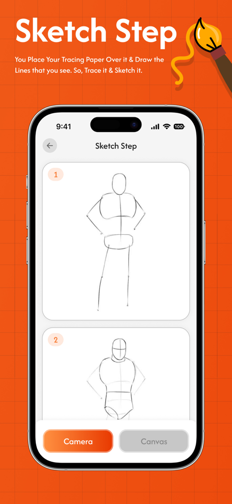 AR Drawing Sketch - Draw Anime - AR Drawing app interface showing step by step anime character sketch for tracing