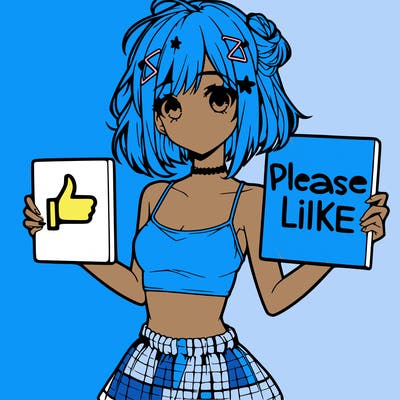 anime girl with crop top  holding a please like sign with a medium sized skirt