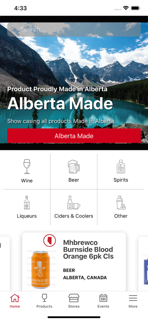 Liquor Connect mobile app home screen showing product categories and Alberta made beverage highlights.