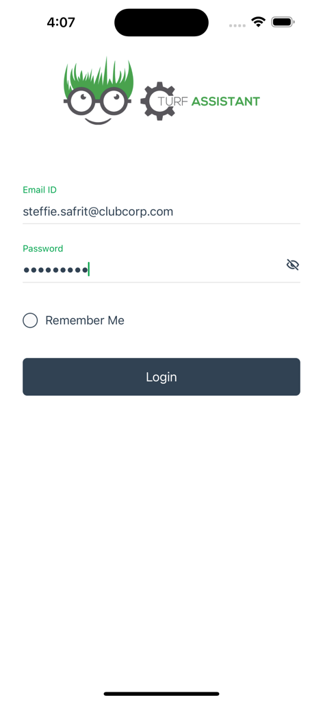 Login interface for the Turf Assistant golf course maintenance app with email and password fields