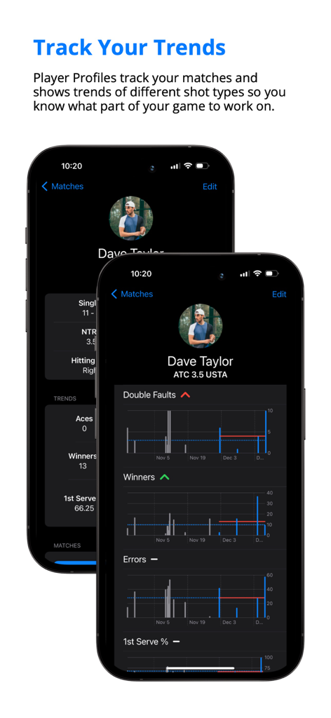 MatchTrack tennis app interface showing player profile statistics and match performance trends
