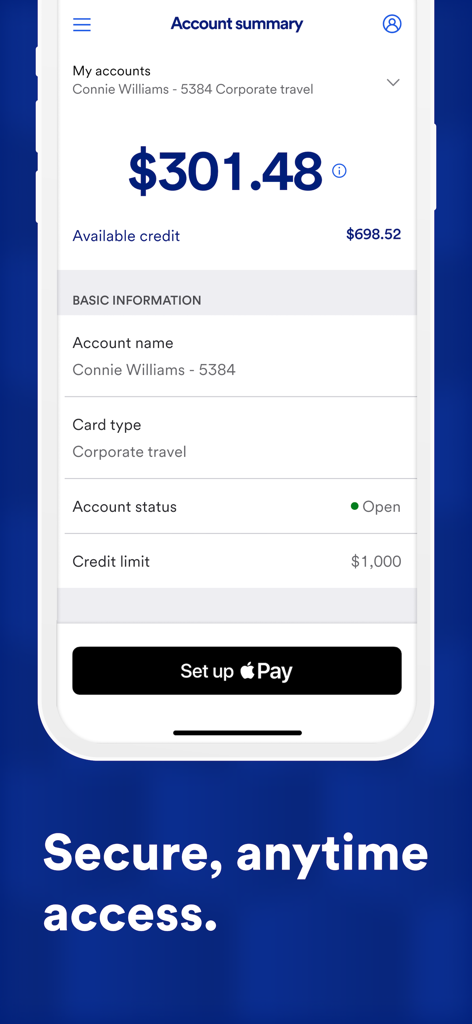 US Bank Access Online mobile app displaying a corporate travel account summary with balance and credit limit details.
