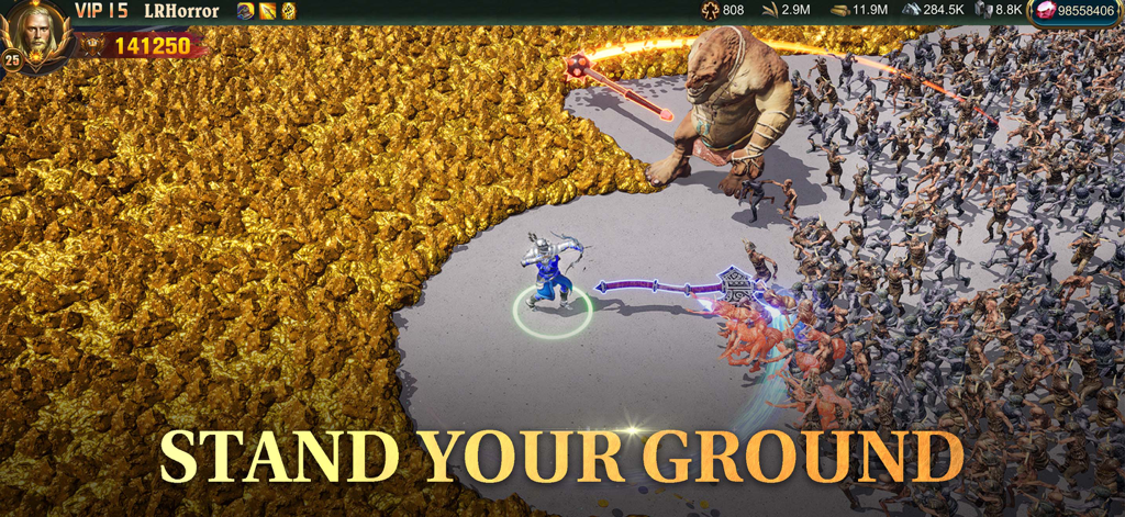 A fantasy hero defending a massive pile of gold against an army of monsters and a giant ogre in War and Order.