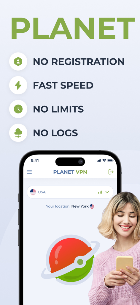 Interfaccia di Planet Free VPN che evidenzia le funzionalità di velocità rapida senza registrazione e senza log