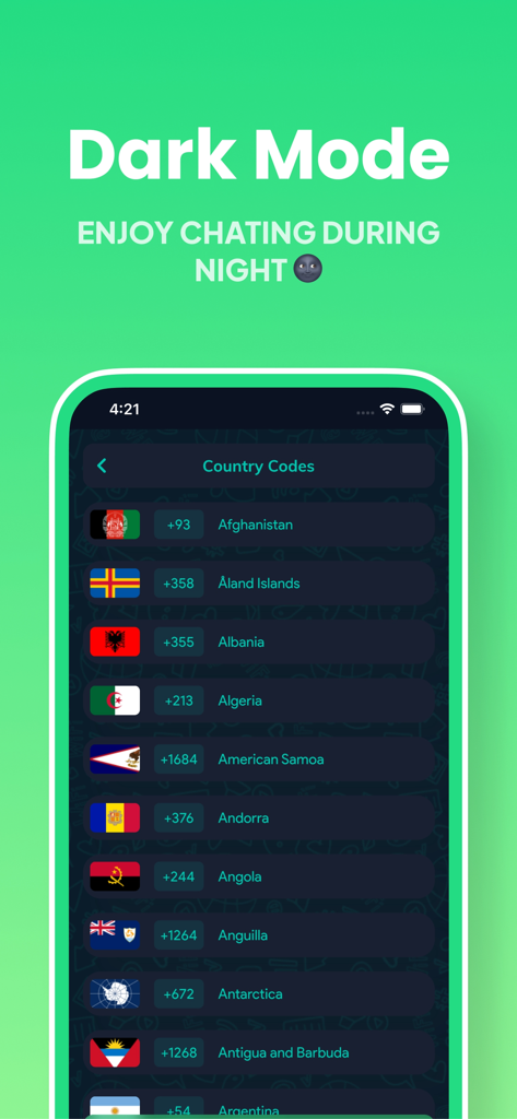 Clone App - Multiple Account - Dark mode interface of the Clone App showing a list of international country codes and flags