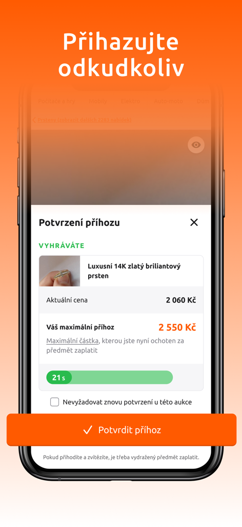 Interface de l'application mobile Aukro montrant un écran de confirmation d'enchère pour une enchère de bague en or.