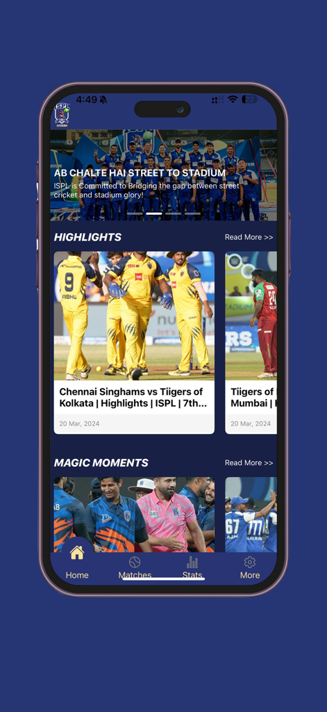 Home screen of the ISPL T10 app showing match highlights and magic moments