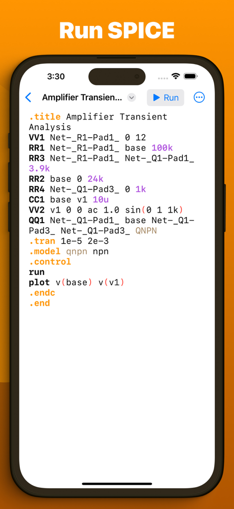 Breadpad - SPICE Simulator - SPICE netlist for amplifier transient analysis on the Breadpad mobile app