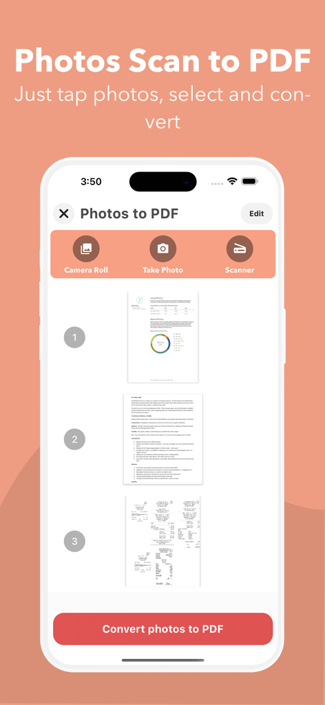 PDF it All Document Converter - Mobile App-Oberfläche, die die Funktion zum Konvertieren von Fotos in PDF mit Dokumentenvorschauen und Scan-Optionen zeigt