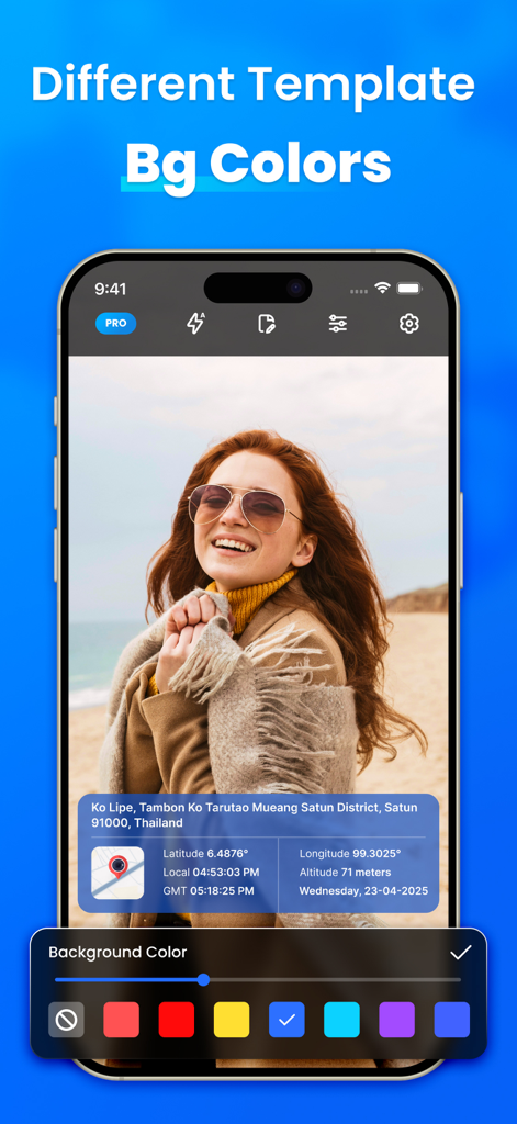 GPS Map Camera – Time Stamp - Una captura de pantalla de la interfaz de la aplicación GPS Map Camera que muestra opciones para cambiar el color de fondo de la superposición de datos de ubicación en una foto.