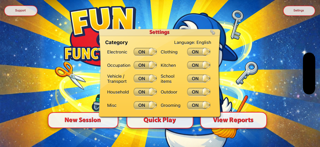 Fun & Functional - Menu de configurações do aplicativo Divertido e Funcional mostrando alternadores de categoria para sessões de terapia.