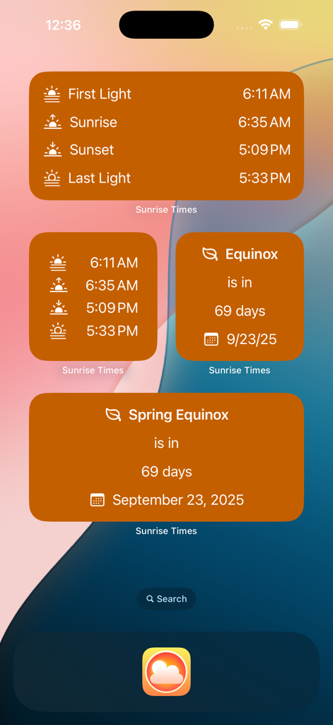 Sunrise Sunset Times - iPhone home screen displaying multiple orange widgets showing sunrise, sunset, and equinox countdown times.