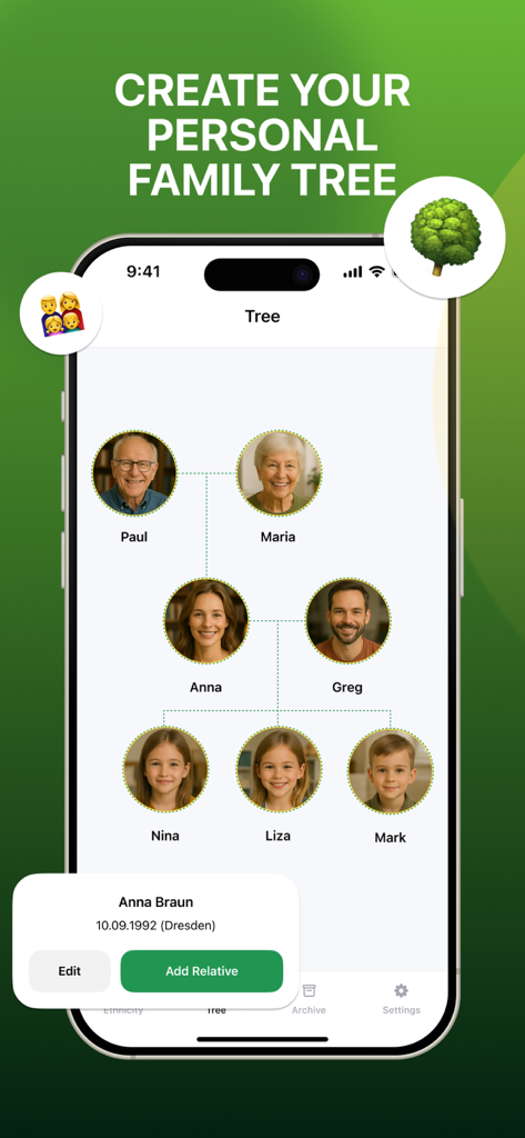 Mobile app screen displaying a visual family tree with profile pictures and names of family members