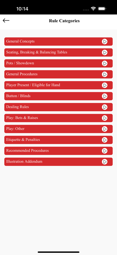 Official Poker TDA Rules - A list of poker rule categories in the official TDA mobile application