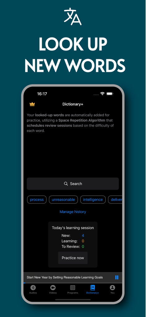 VOA Special English Listening - A screen showing the dictionary lookup and spaced repetition learning features in the VOA Special English app.