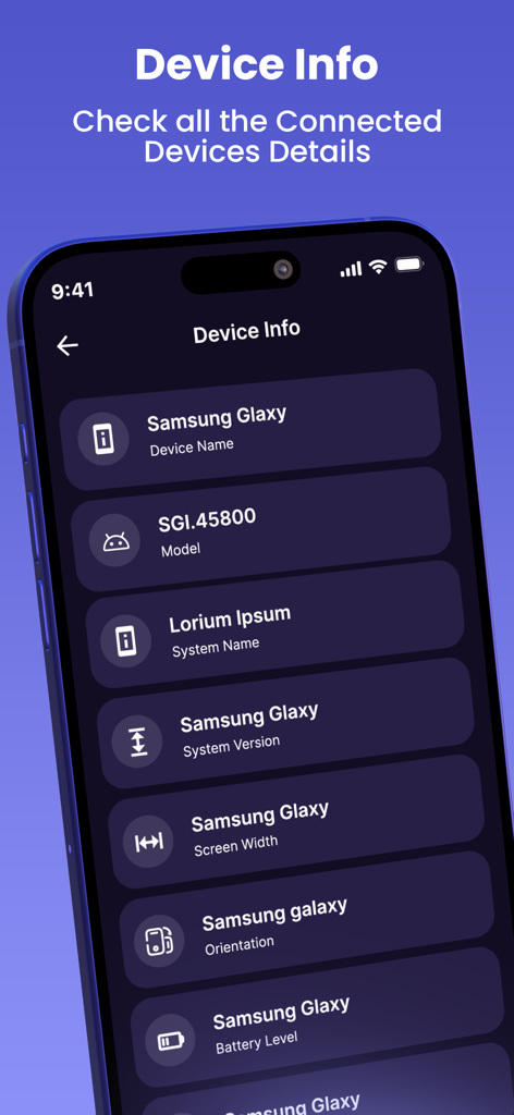 Die Benutzeroberfläche zeigt Geräteinformationen und Details zur angeschlossenen Hardware in der Internet Speed Test App an.