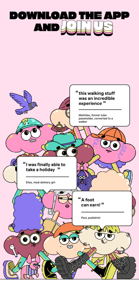 Macadam, The Step Counter. - Macadamで歩いて報酬を得ることに関するユーザーの証言。 (Macadam user testimonials screen)