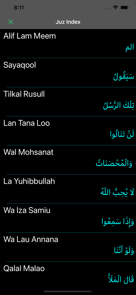 Tajweed Al Quran Kareem 16 Lin - Mobile app screenshot showing the Juz Index with a list of Quranic parts in English and Arabic text on a dark background.