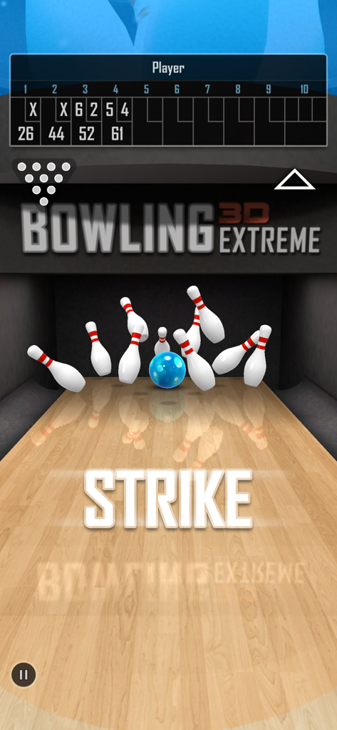 Bowling 3D Extreme - Gameplay do Bowling 3D Extreme mostrando um strike com gráficos e física realistas