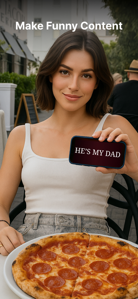 Uma mulher segurando um smartphone com texto grande dizendo HES MY DAD para criar conteúdo engraçado para redes sociais