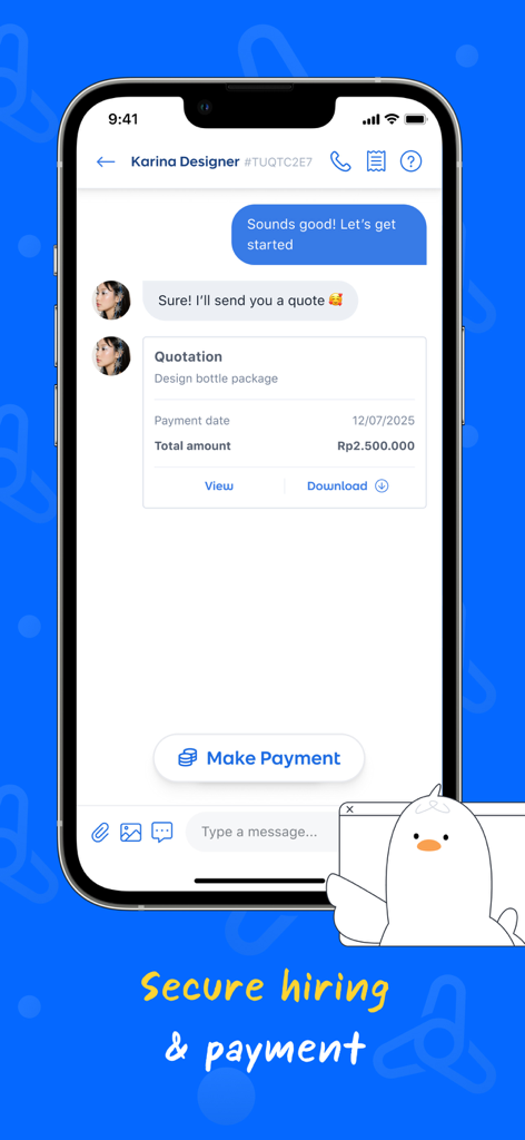 Fastwork - Hire Freelancers - Fastwork app chat interface with freelancer quotation and secure payment button