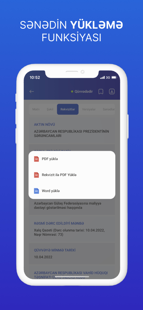 E-qanun - PDFおよびWord形式で法的文書をダウンロードするオプションが表示されるE-qanunモバイルアプリのインターフェイス。