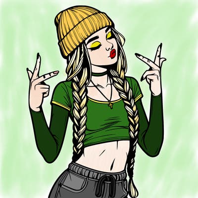realistic teenage girl with braids and a beanie and crop top doing 🫶🏼