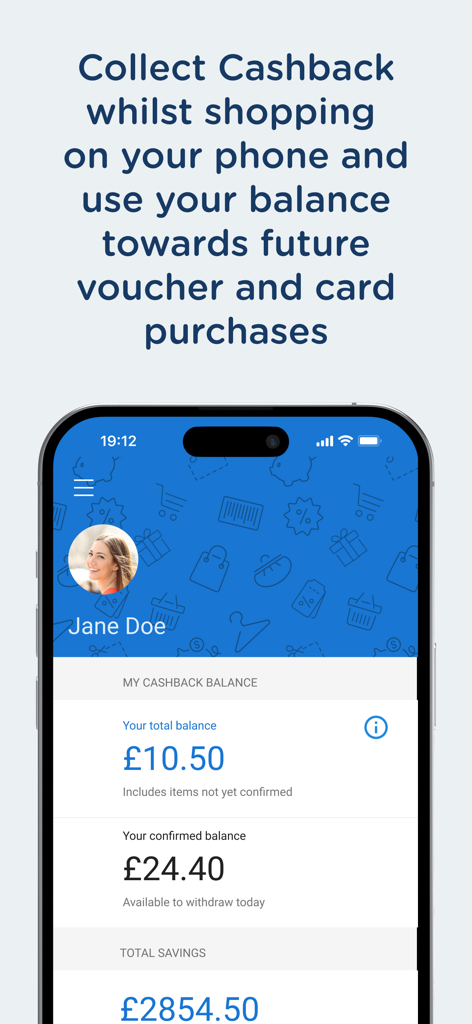 SmartSpending app interface showing a user profile with cashback balances and total savings