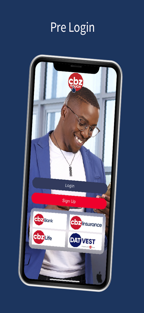 CBZ Touch - Pantalla de inicio de sesión de la aplicación móvil CBZ Touch con servicios de banca, seguros e inversión.