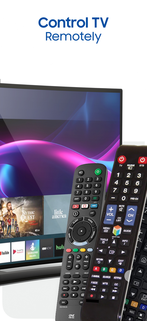 Remote Control for TV Smart - Una interfaz de televisor inteligente que muestra aplicaciones de streaming y varios controles remotos portátiles