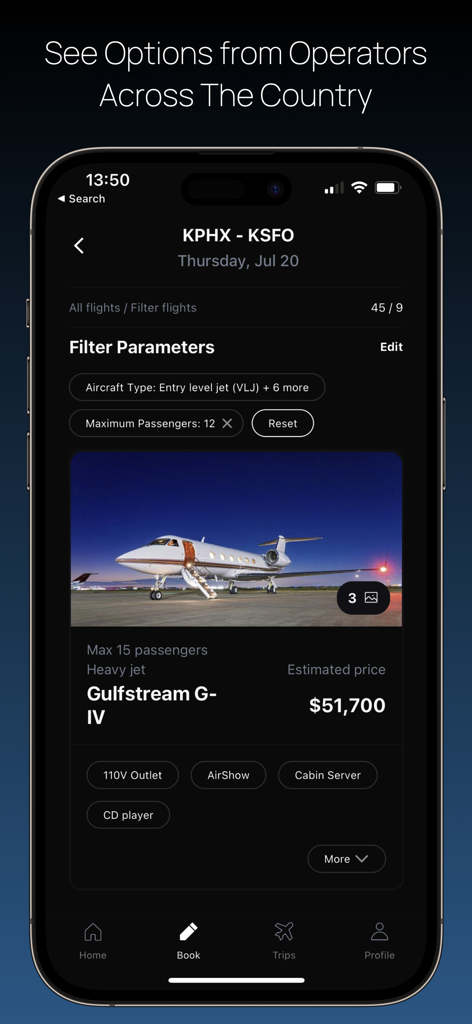 CharterGPT - CharterGPT app interface showing private jet search results with pricing for a Gulfstream G-IV
