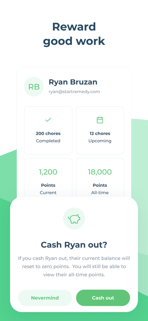 Chap: Chores Tracker & Chart - User profile in Chap app showing chore stats and a cash out reward prompt