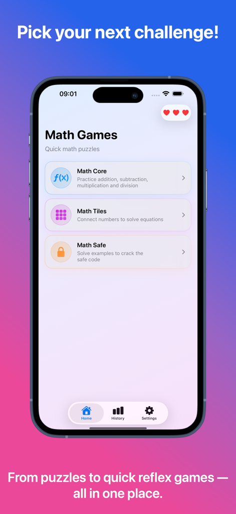 The AddiGo app game selection screen showing various mental math challenges like Math Core and Math Tiles.