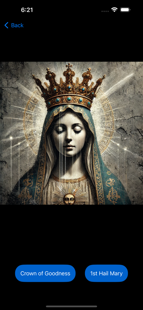 Little Crown of Mary - Artistic portrait of the Virgin Mary wearing a golden crown on a prayer app interface