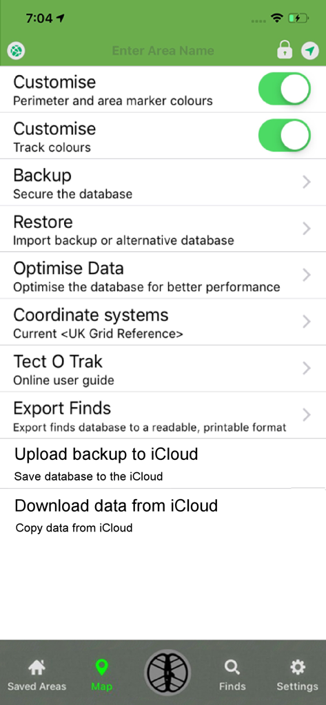 Tect O Trak - Settings screen of the Tect O Trak metal detecting app displaying data backup and customization options.