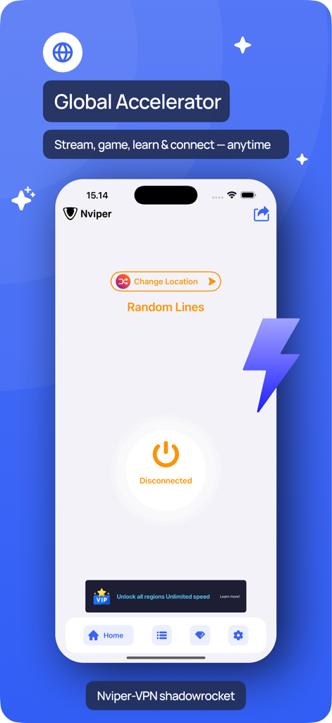 VPN - Nviper小火箭加速器vpn - Nviper VPN mobile app interface showing the Global Accelerator feature with a one-click connection button
