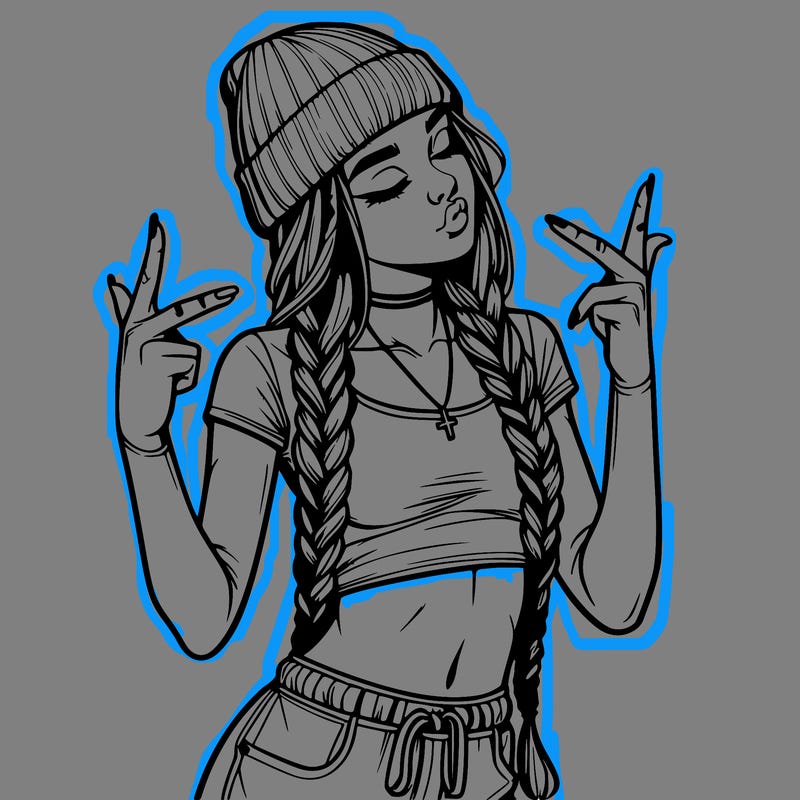 realistic teenage girl with braids and a beanie and crop top doing 🫶🏼